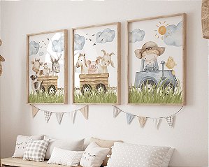 Kit 3 Quadros Animais Fazendinha Trator Azul Quarto Menino