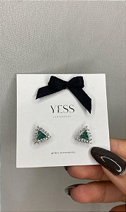 Brinco Triângulo com Zircônia Turmalina e Cristal em Banho de Ródio Branco