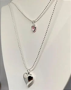 Colar duplo dois corações banhado a prata