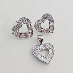 Conjunto Coração Metade Vitrilho com Ródio