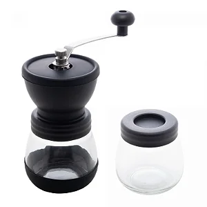 Moedor de Café de Aço Inox Manual com Porta Pó Extra de Vidro Preto 20cm x 10,5cm x 19cm