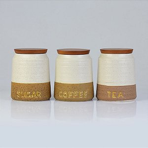Jogo com 3 Potes Sugar, Tea, Coffee Branco e Marrom