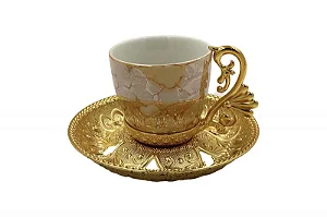 Jogo de Xícaras de Café Laranja com Dourado em Porcelana – Conjunto com Pires 6 Peças Luxo