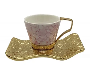 Jogo de Xícaras de Café Rosa com Dourado em Porcelana – Conjunto com Pires 6 Peças Luxo