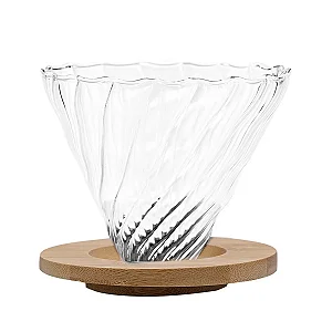 Suporte para Filtro de Café Hario em Vidro Borossilicato com Base de Madeira Oxford