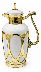 Garrafa Térmica 1 Litro Branca com Detalhes Dourados e Sistema de Botão