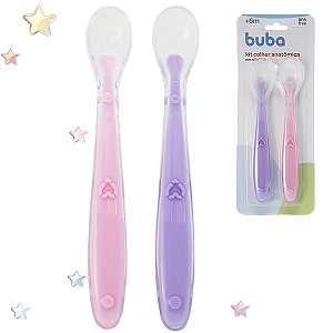 KIT 2 COLHER SILICONE BABY BUBA - 2 PECAS - ROSA/LILAS