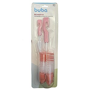 Kit 2 Escovas Para Mamadeiras E Bicos Com Esponja Rosa Buba Cor:Rosa