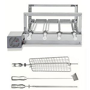 Kit Churrasqueira Inox Giratória 4 Espetos + 3 Brindes Motor Bivolts Weg
