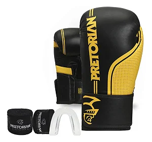 Kit Luva De Boxe Muay Thai Fx1 Bandagem + Bucal Amarelo/Preto Pretorian