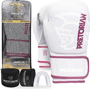 Kit Luva De Boxe Muay Thai Fx2 Bandagem + Bucal Rosa/Branco Pretorian