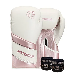 Kit Luva De Boxe Muay Thai Elite Feminino + Bandagem Rosa/Branco Pretorian