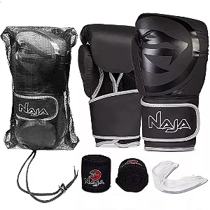 Kit Luva De Boxe Muay Thai + Bandagem + Protetor Bucal Naja Preto/Prata