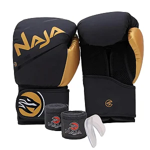 Kit Luva De Boxe Muay Thai + Bandagem + Protetor Bucal Naja Extreme Dourada