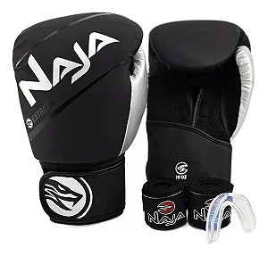 Kit Luva De Boxe Muay Thai + Bandagem + Protetor Bucal Naja Extreme Prata