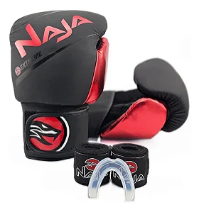 Kit Luva De Boxe Muay Thai + Bandagem + Protetor Bucal Naja Extreme Vermelha