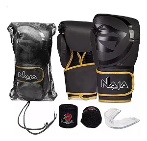 Kit Luva De Boxe Muay Thai + Bandagem + Protetor Bucal Black Line Naja Dourada