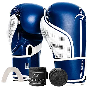 Kit Luva De Boxe Muay Thai Fx1 Bandagem + Bucal Azul/Branco Pretorian