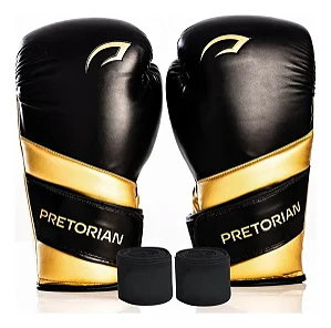 Kit Luva De Boxe Muay Thai Elite + Bandagem Preto/Dourado Pretorian