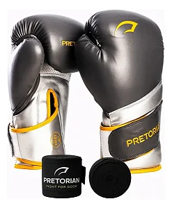 Kit Luva De Boxe Muay Thai Elite + Bandagem Chumbo/Amarelo Pretorian
