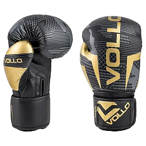 Luva de Boxe Muay Thai Kickboxing Training Preta, Cinza e Dourada Vollo