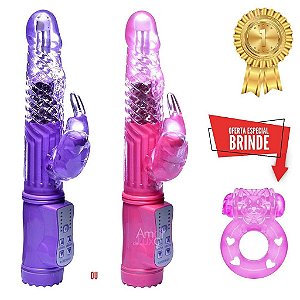 VIBRADOR ROTATIVO COM ESTIMULADOR COELHO 10 VIBRAÇÕES PASSION WAVE JACK RABBIT - ROXO