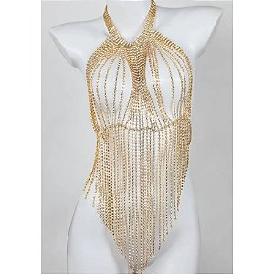 Frente Unica em fios de Strass com Franjas - Dourado
