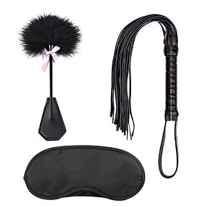 Kit de Bondage com 3 Produtos - Chicote, Pluma e Venda