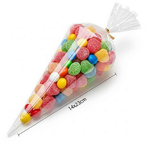 50 Saquinho Saco Cone P/ Doces Pipoca Gourmet Medio 14x23cm Transparente