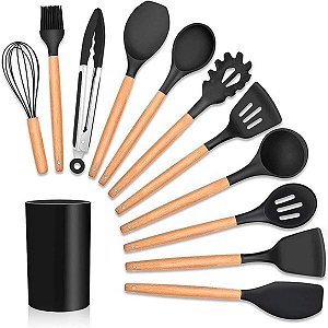 Kit Conjunto De Utensílios Silicone Com 12 Peças Cabo Madeira PRETO / U