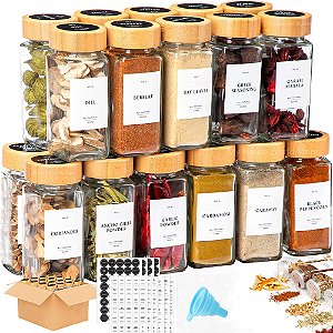 Frascos de especiarias de vidro com tampa de bambu, recipientes de tempero, pote