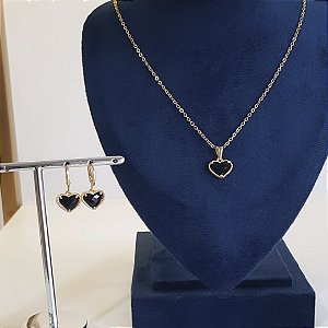 CONJUNTO CORAÇÃO PRETO BANHADO OURO 18K