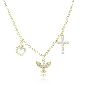 COLAR COM PINGENTES DE CRUZ, ESPÍRITO SANTO E CORAÇÃO CRISTAL (45CM+5CM).