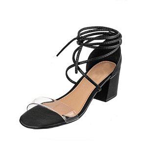 Sandália de Amarrar Feminina Vinil Transparente Salto Grosso