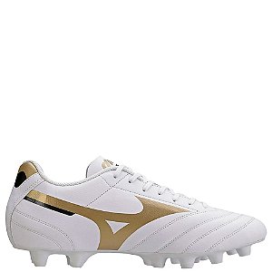 Chuteira Mizuno Campo Morelia Club Masculina Branco Dourado