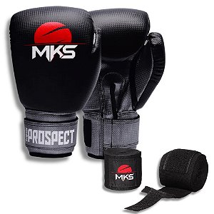 Kit MKS Combat – Luva de Boxe Prospect Preto/Prata + Bandagem Elástica Sortida