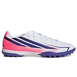 Chuteira Adidas Society F50 Hyperfast Club Branco, Azul e Rosa