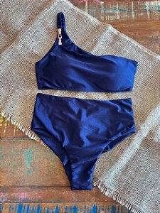 Conjunto Biquini Fato Básico Ombro Único Aviamento Azul