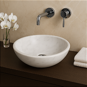 Cuba Pia Redonda 34cm em Mármore Bianco - Luxo Natural para Lavabo