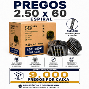 Prego em rolo 2.50x60 espiral - 9 mil