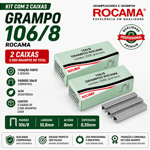Kit 2 Caixas Grampos 106/8 Rocama 5.000 Grampos Galvanizado Para Estofaria Couro Madeira e Artesanato