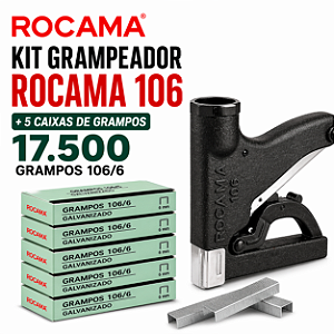 Kit Grampeador Rocama 106 + 5 Caixas 17.500 Grampos 106/6 Galvanizado Tapeceiro Estofado Sofá Madeira