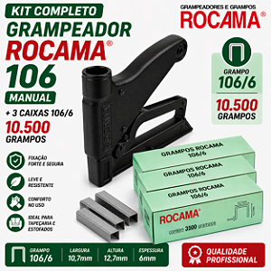 Kit Grampeador Rocama 106 + 3 Caixas 10.500 Grampos 106/6 Galvanizado Tapeceiro Estofado Sofá Madeira