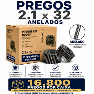 Pregos em Rolo 2.1x32 Anelado para Pregador Pneumático Linha Profissional Alta Fixação Pallet Madeira 16.800 Unidades