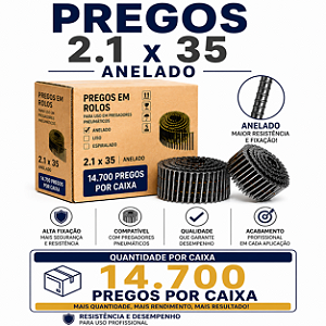 Pregos em Rolo 2.1x35 Anelado para Pregador Pneumático Linha Profissional Alta Fixação Pallet Madeira 14.700 Unidades