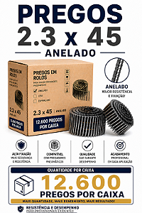 Pregos em Rolo 2.3x45 Anelado para Pregador Pneumático Linha Profissional Alta Fixação Pallet Madeira 12.600 Unidades
