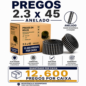 Pregos em Rolo 2.3x45 Anelado para Pregador Pneumático Linha Profissional Alta Fixação Pallet Madeira 12.600 Unidades
