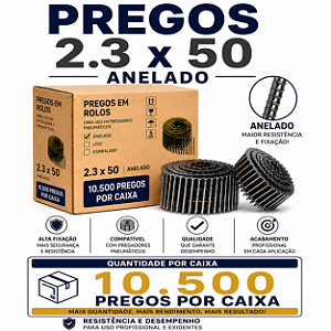 Pregos em Rolo 2.3x50 Anelado para Pregador Pneumático Linha Profissional Alta Fixação Pallet Madeira 10.500 Unidades