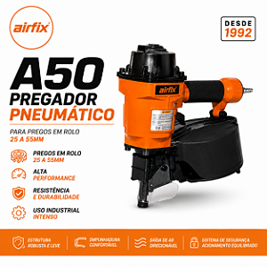 Pregador Pneumático Airfix A50 Industrial Para Pregos Em Rolo 25 a 55mm | Pistola Pneumática Profissional Para Pallets, Caixaria, Wood Frame e Embalagens de Madeira