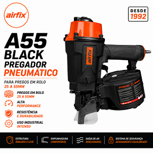 Pregador Pneumático Airfix A55 Black Industrial Para Pregos Em Rolo 25 Até 55mm Pallets Construção Civil